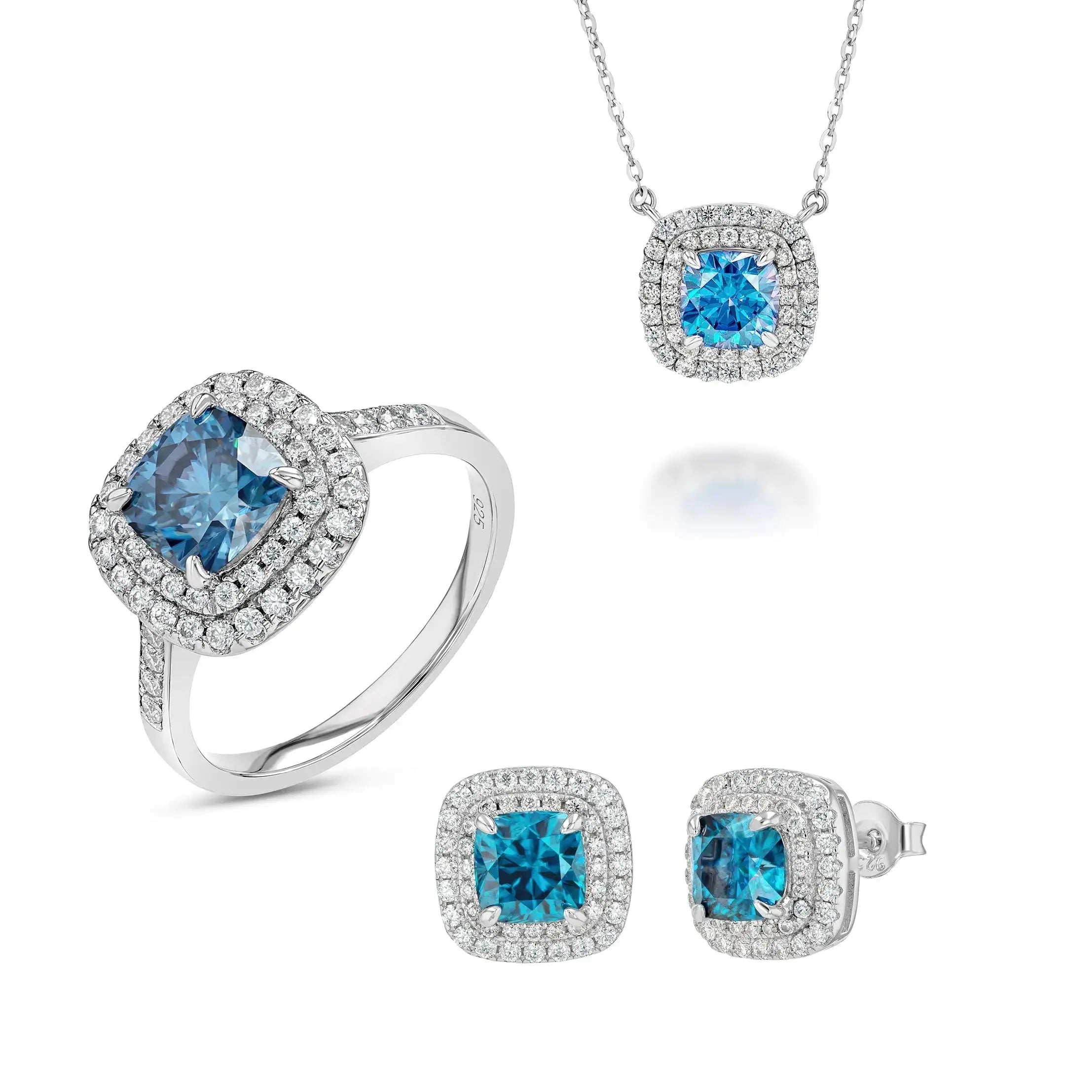 Blue Sapphire & Moissanite Cushion Cut Jewellery Set Lab Grown Diamonds