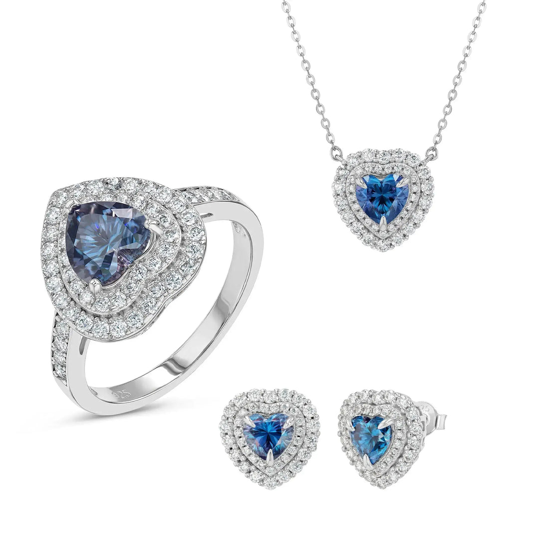 Blue Sapphire & Moissanite Heart Cut Jewellery Set Lab Grown Diamonds