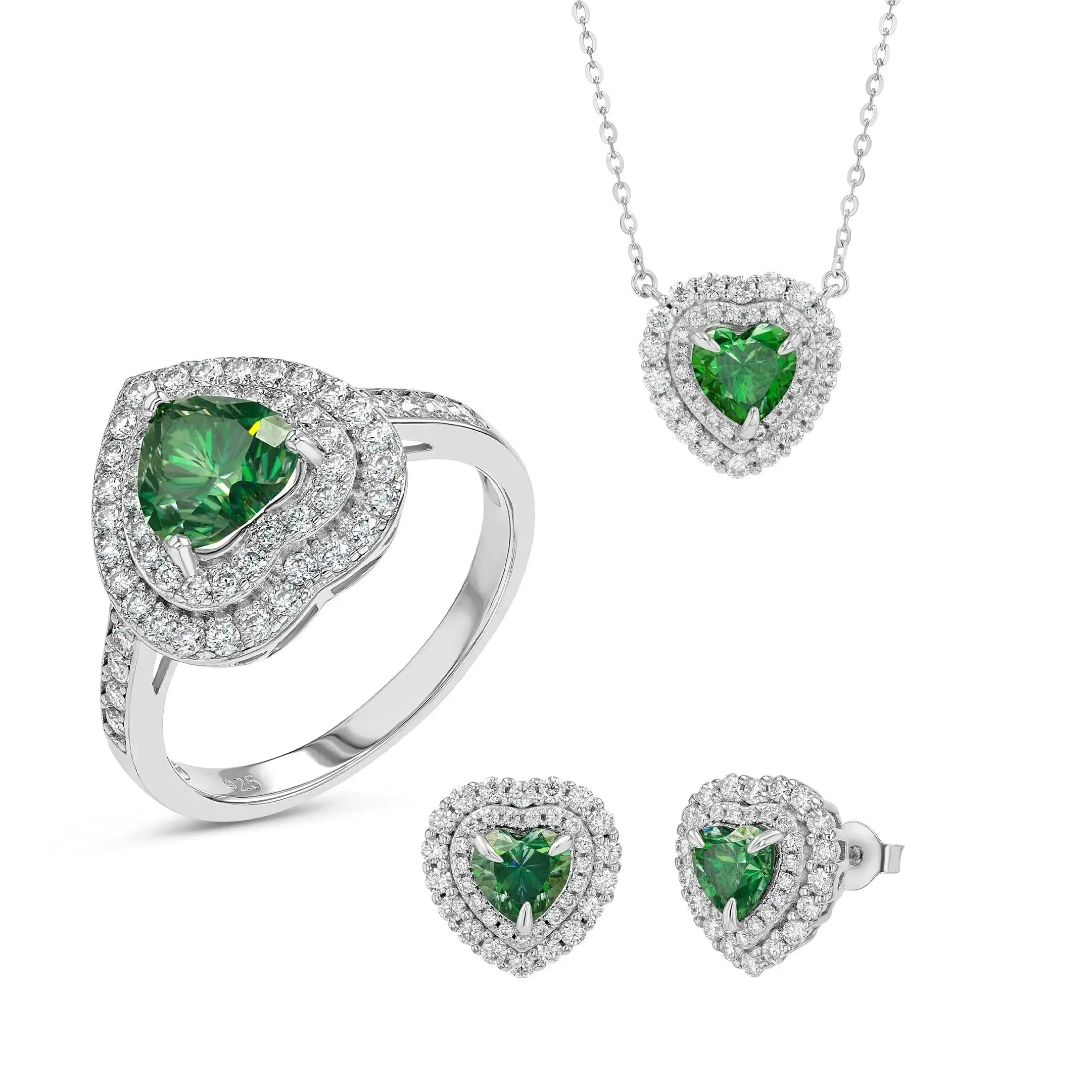 Emerald & Moissanite Heart Cut Jewellery Set Lab Grown Diamonds