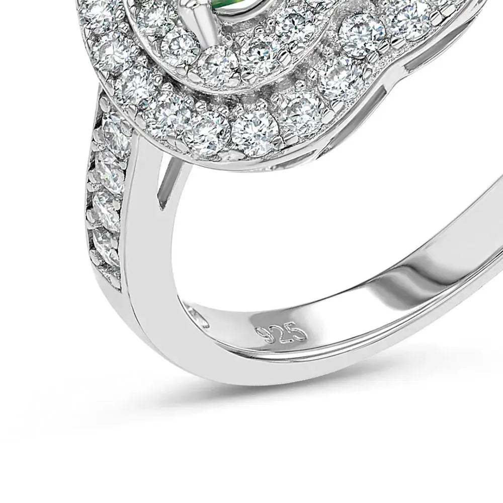Emerald & Moissanite Heart Halo Ring Lab Grown Diamonds