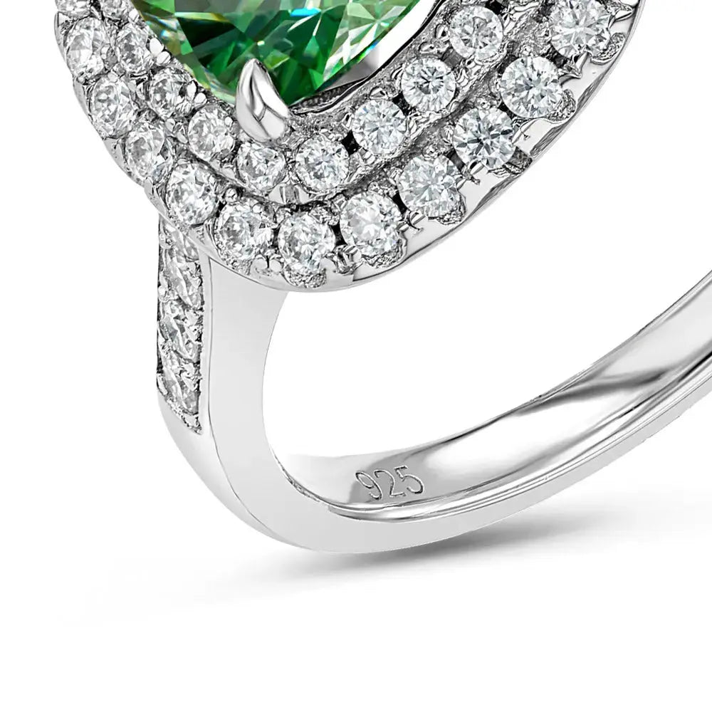 Emerald & Moissanite Cushion Cut Halo Ring Lab Grown Diamonds