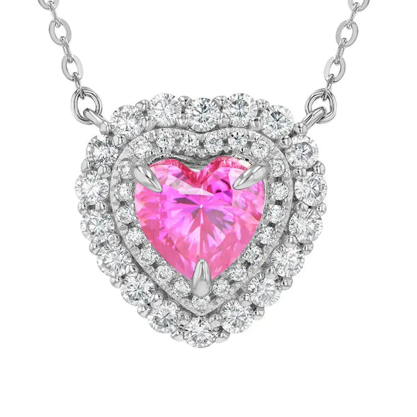 Pink & Diamond & Moissanite Heart Halo Pendant Lab Grown Diamonds
