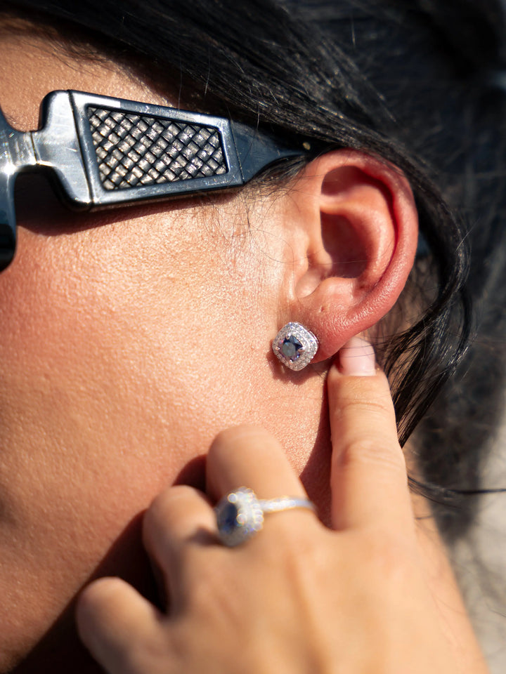 Lab Grown Diamonds Amethyst & Moissanite Cushion Halo Earrings - Lab Grown Diamonds Store