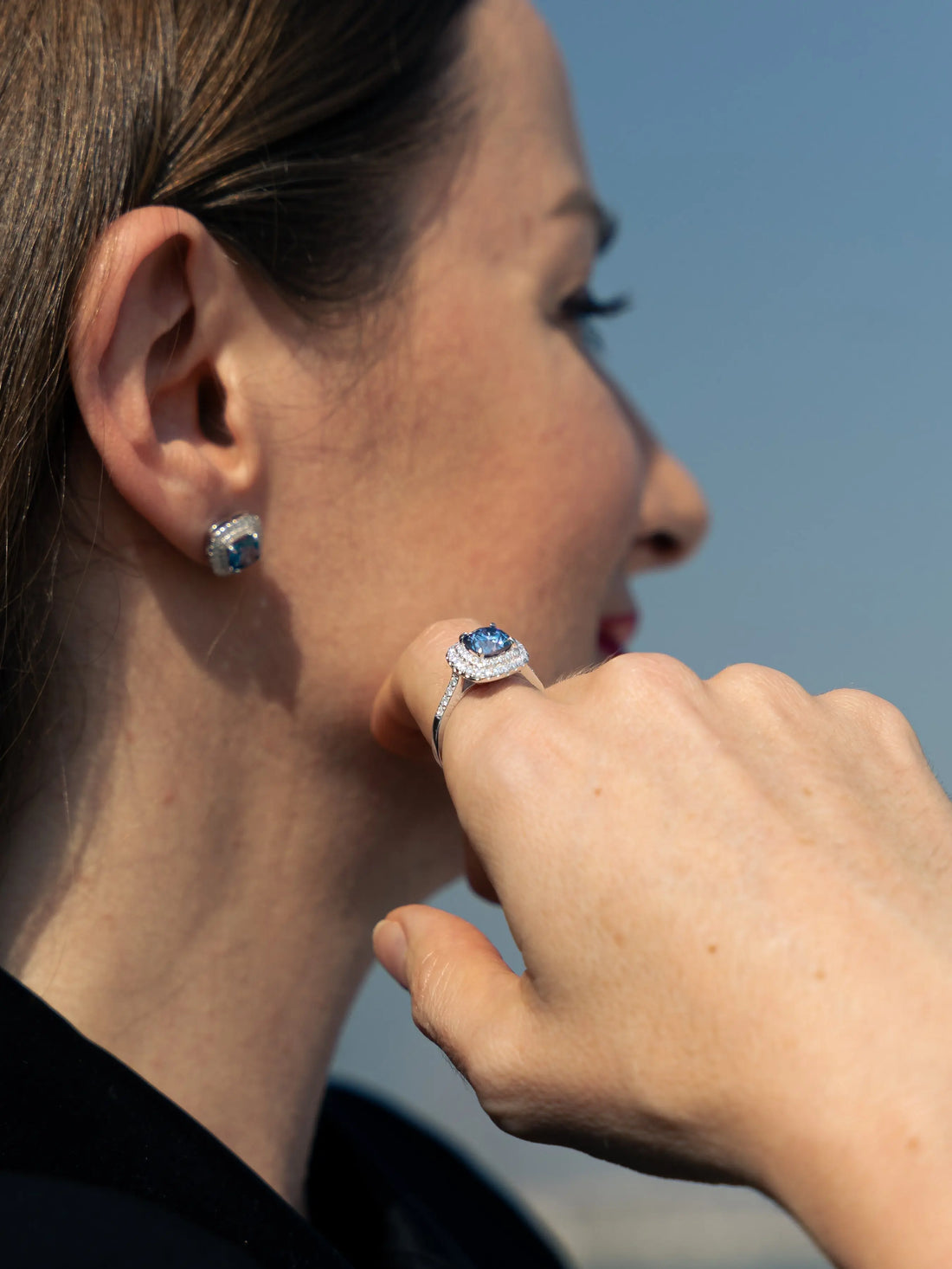 Blue Sapphire & Moissanite Cushion Cut Halo Ring - Lab Grown Diamonds Store