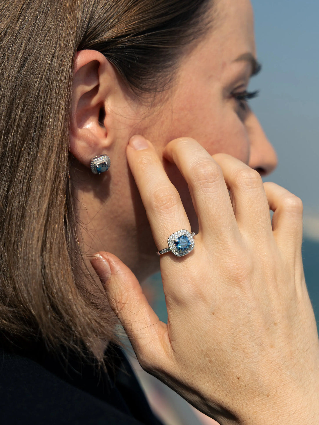 Blue Sapphire & Moissanite Cushion Cut Halo Ring - Lab Grown Diamonds Store