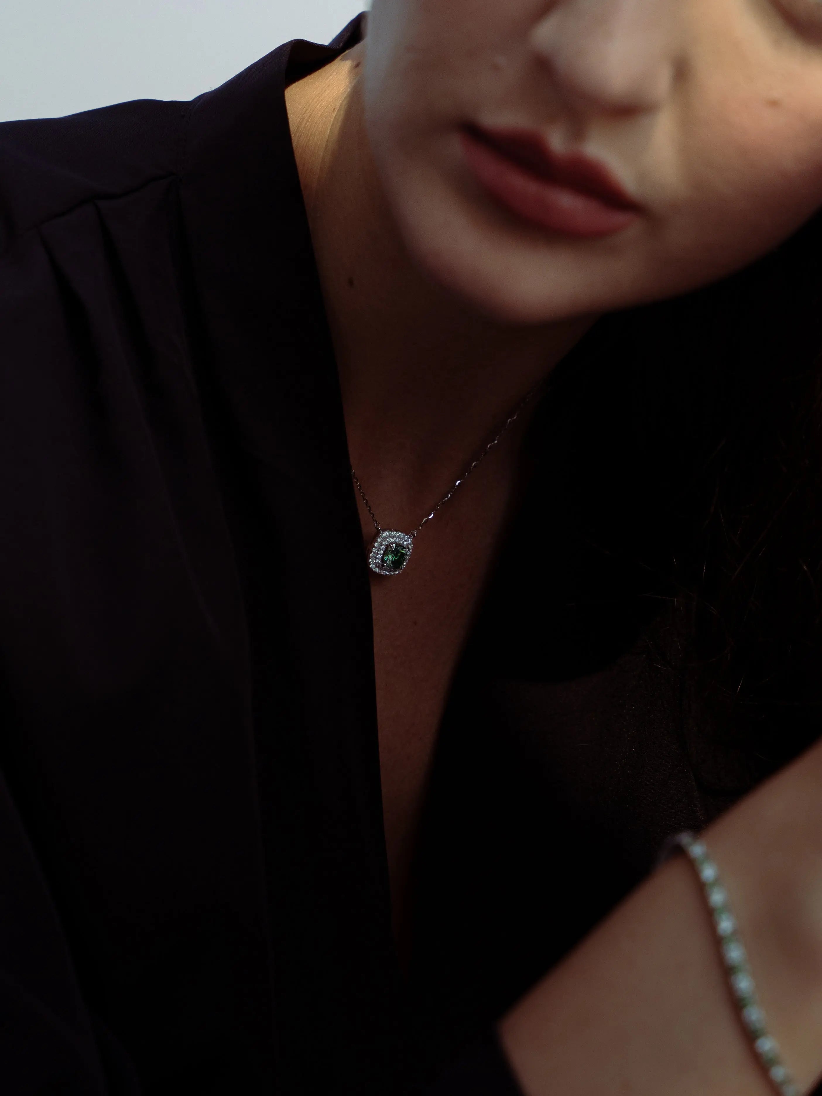 Green Emerald & Moissanite Cushion Halo Pendant - Lab Grown Diamonds Store