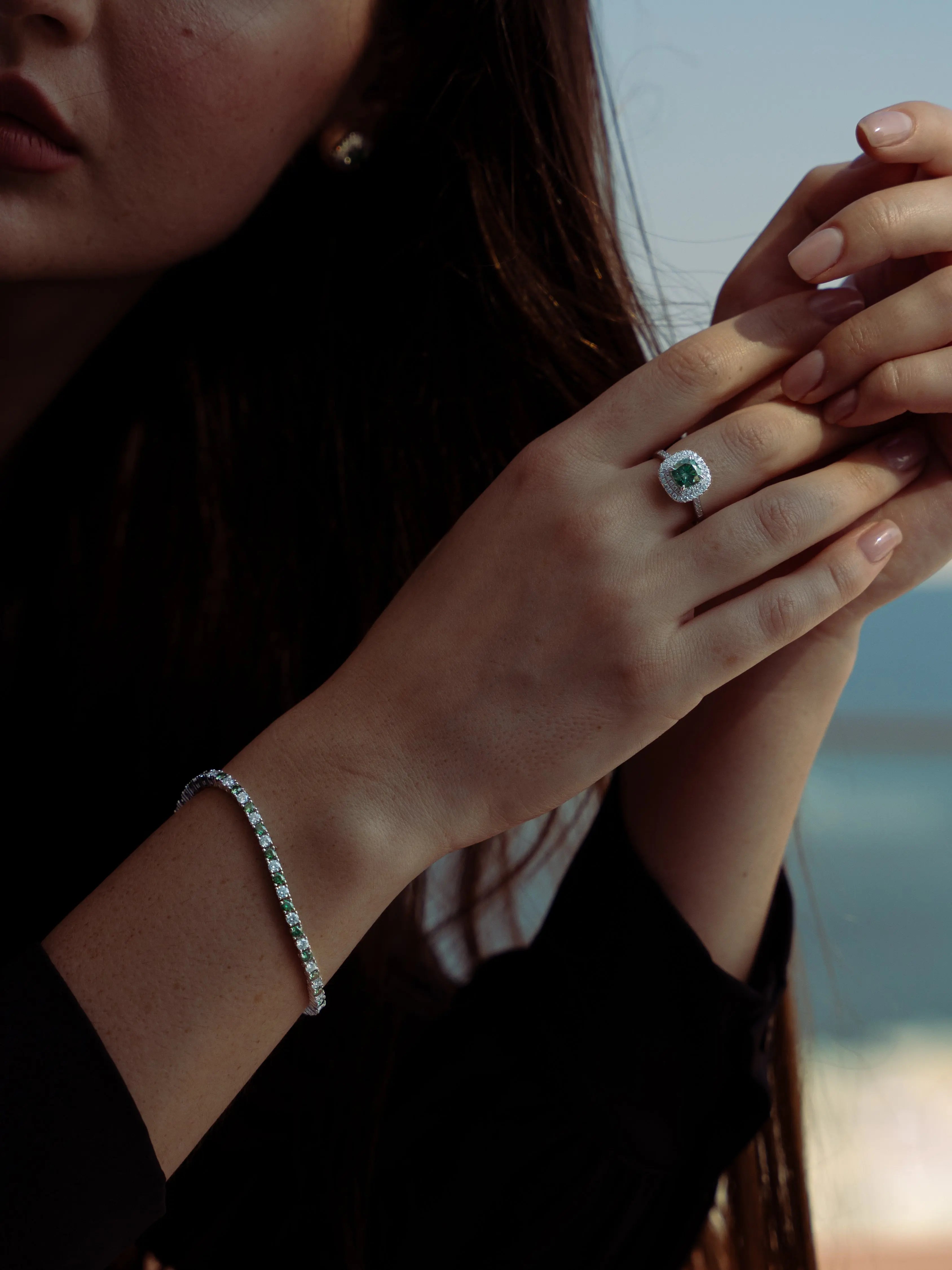 Emerald & Moissanite Cushion Cut Halo Ring - Lab Grown Diamonds Store