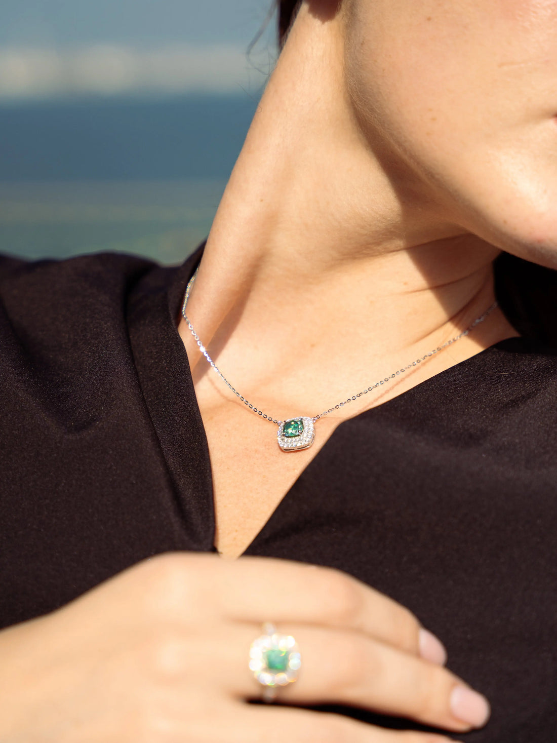 Green Emerald & Moissanite Cushion Halo Pendant - Lab Grown Diamonds Store