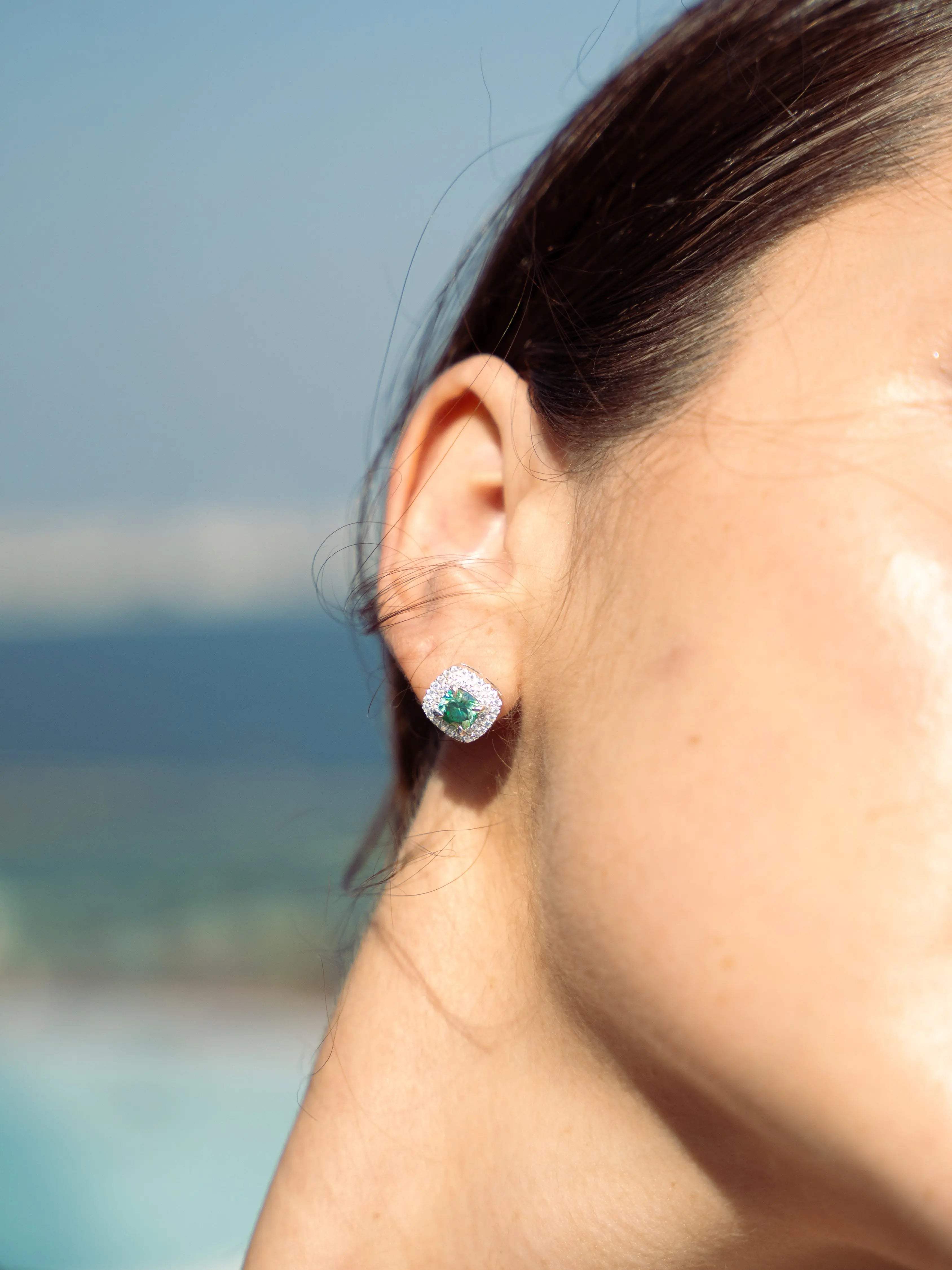 Emerald & Moissanite Cushion Halo Earrings - Lab Grown Diamonds Store