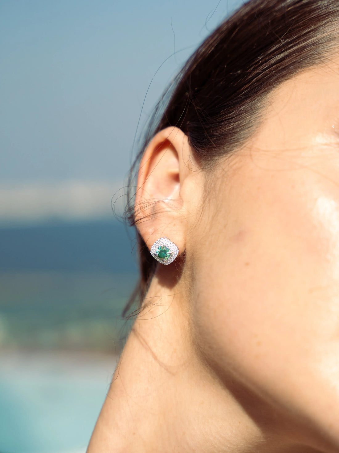 Emerald & Moissanite Cushion Halo Earrings - Lab Grown Diamonds Store