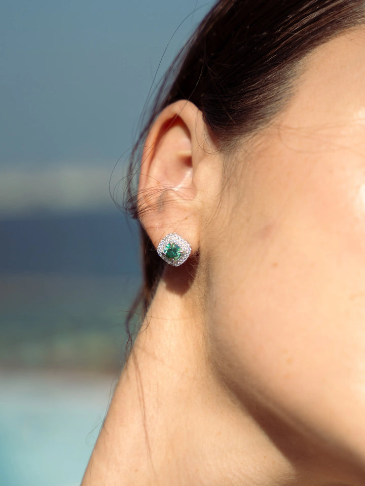 Emerald & Moissanite Cushion Halo Earrings - Lab Grown Diamonds Store