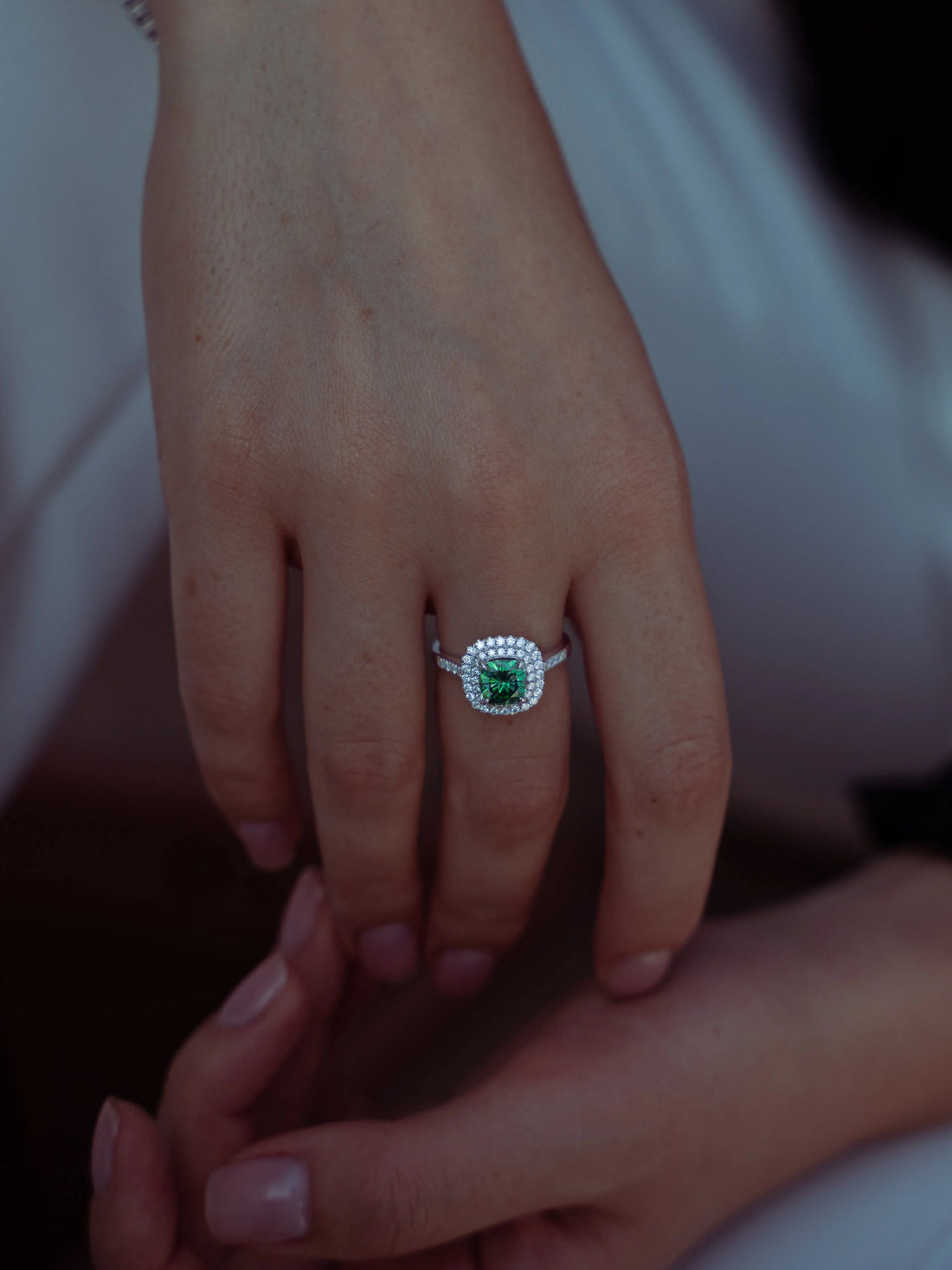 Emerald & Moissanite Cushion Cut Halo Ring - Lab Grown Diamonds Store