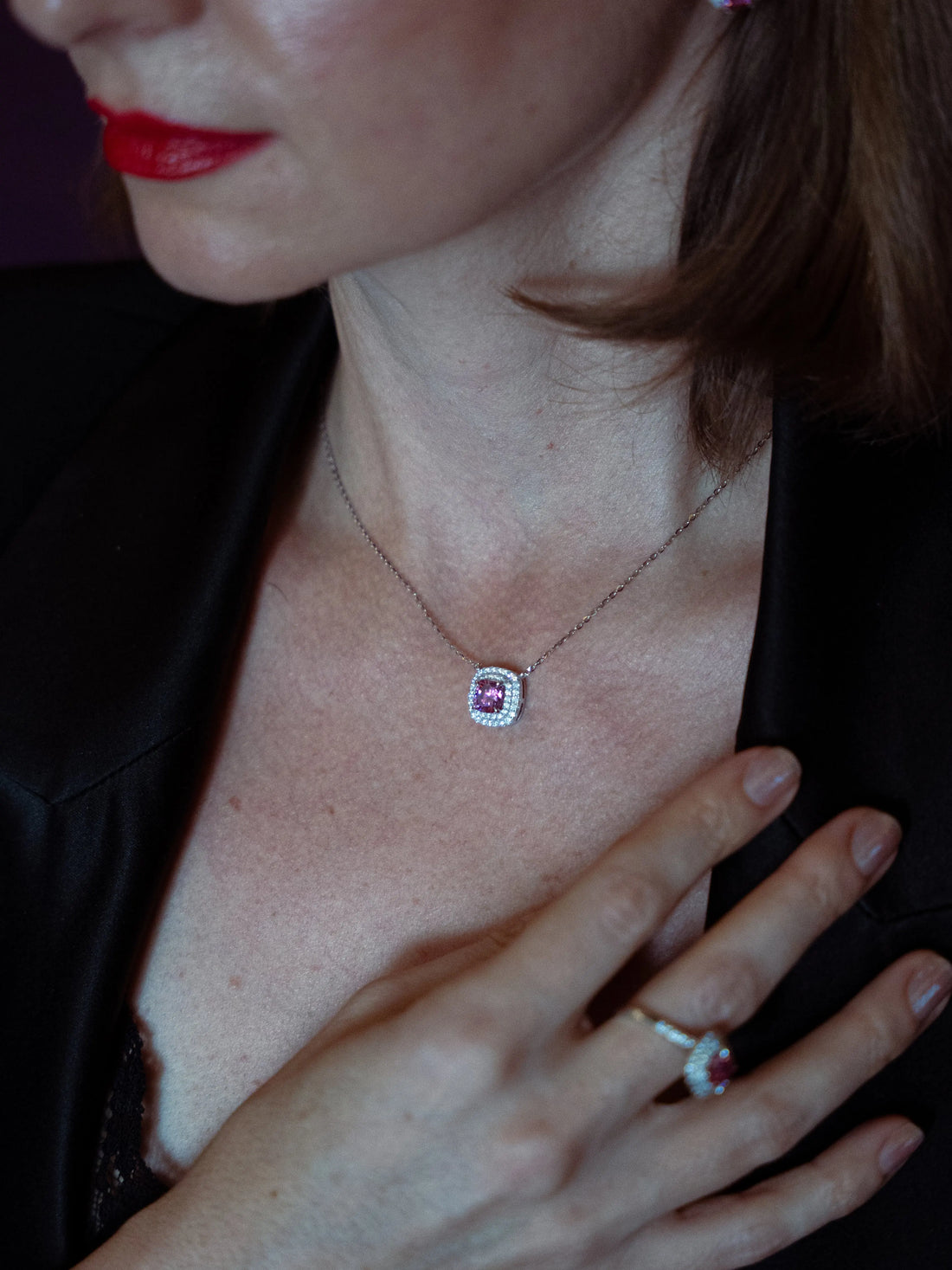 Pink Diamond Inspired & Moissanite Cushion Halo Pendant - Lab Grown Diamonds Store