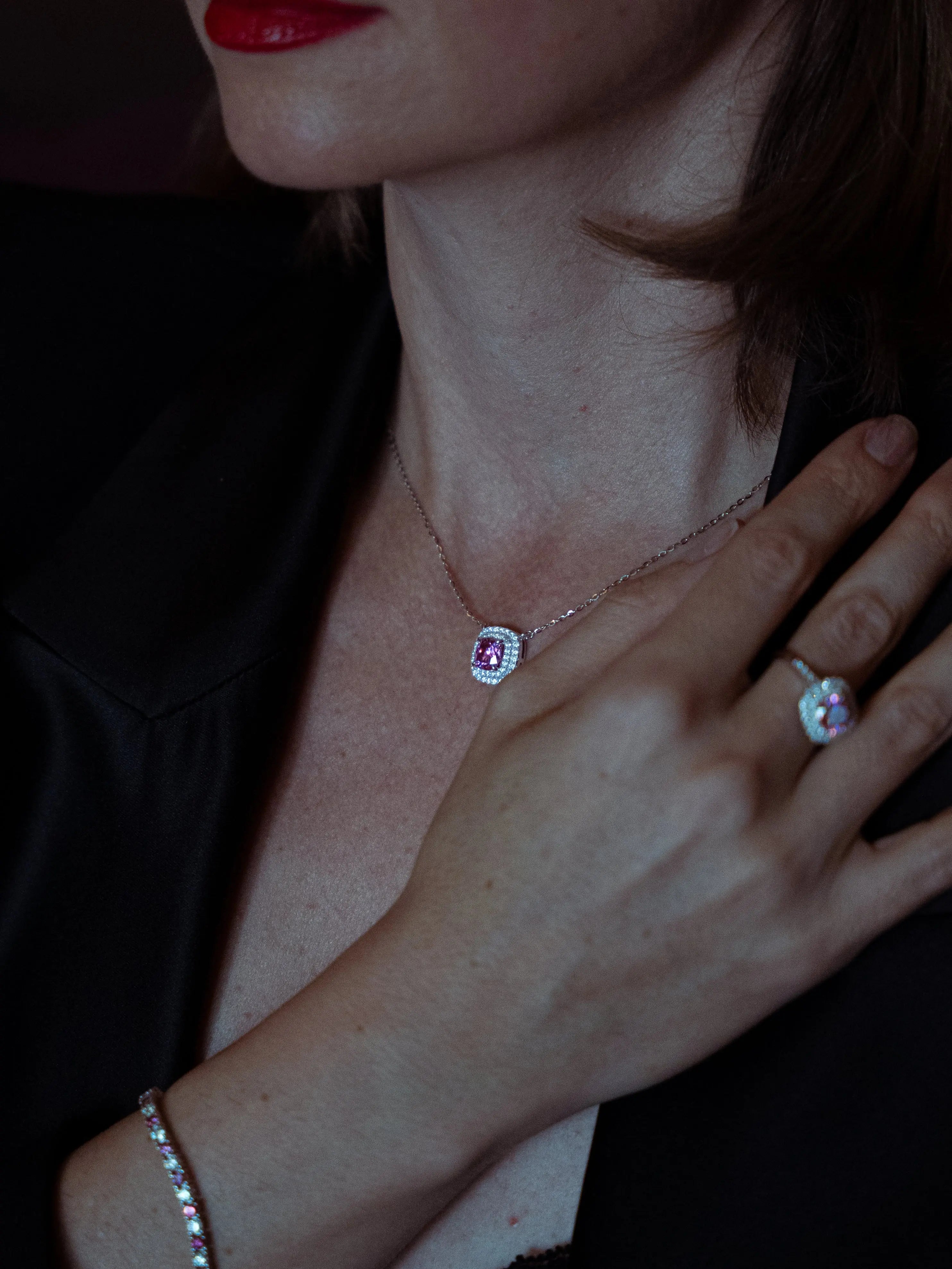 Pink Diamond Inspired & Moissanite Cushion Halo Pendant - Lab Grown Diamonds Store