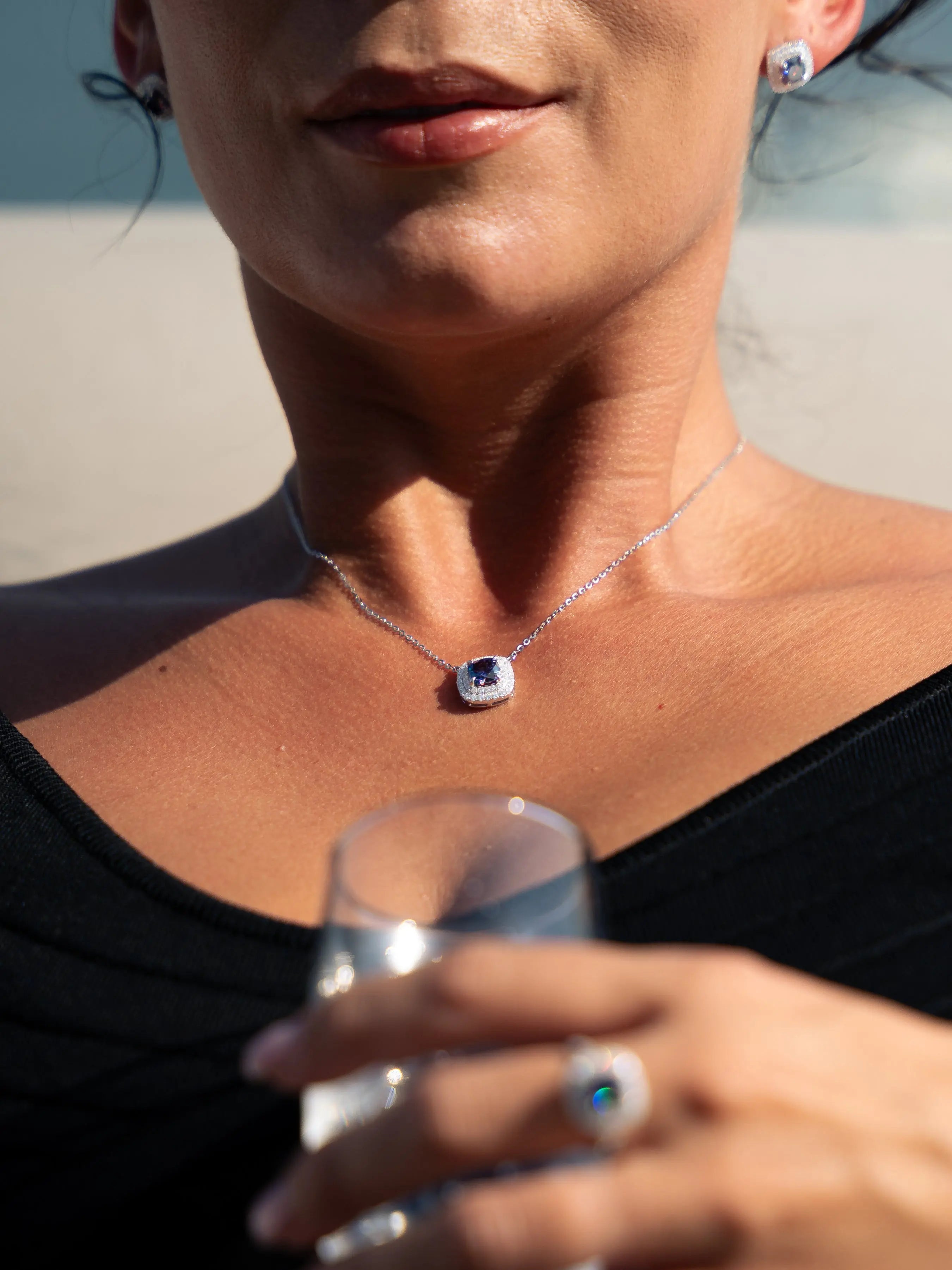 Lab Grown Diamonds Amethyst & Moissanite Cushion Halo Pendant - Lab Grown Diamonds Store