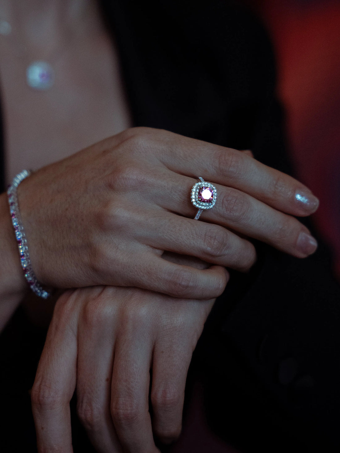 Pink Diamond Inspired & Moissanite Cushion Cut Halo Ring - Lab Grown Diamonds Store