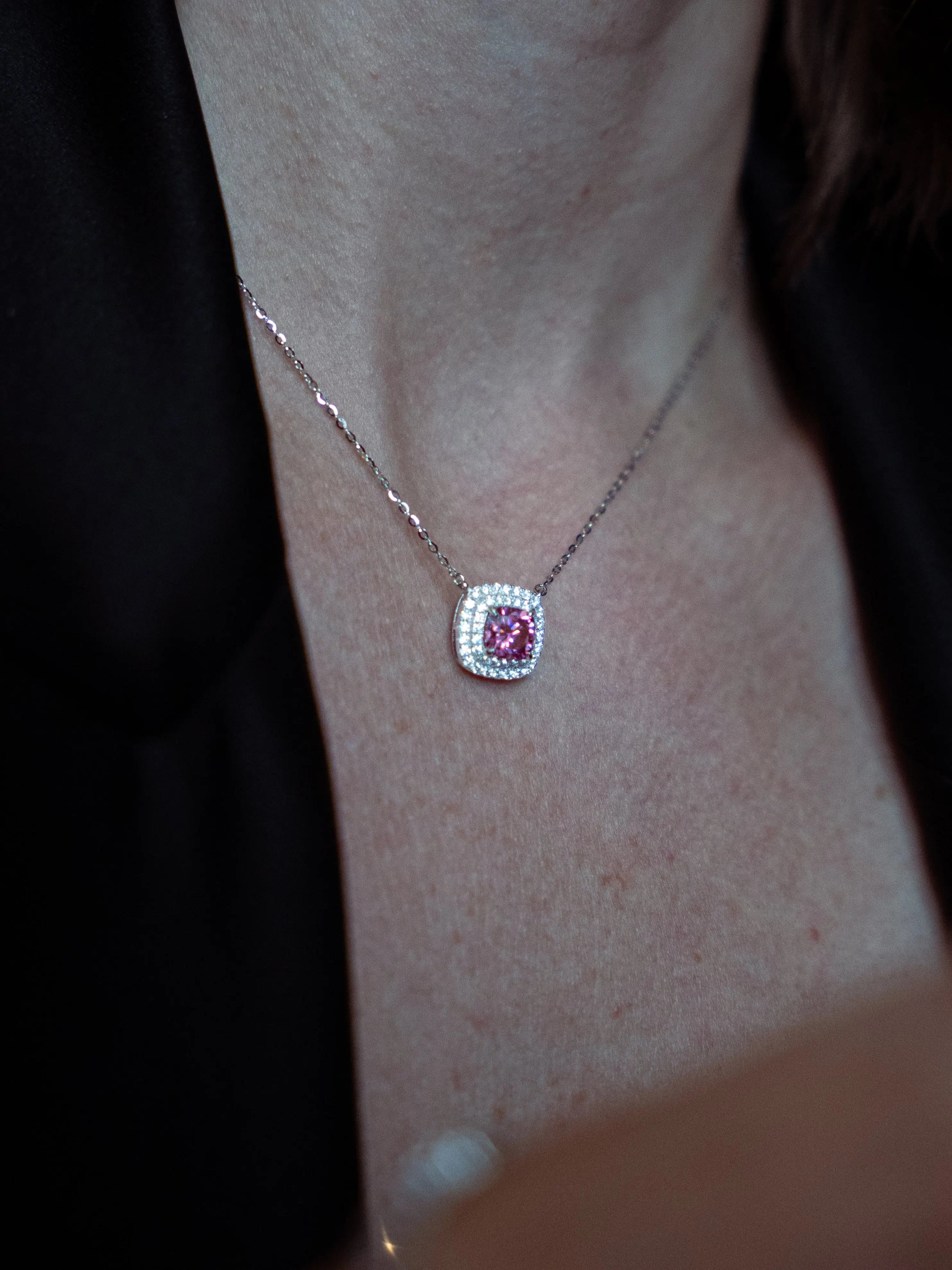 Pink Diamond Inspired & Moissanite Cushion Halo Pendant - Lab Grown Diamonds Store