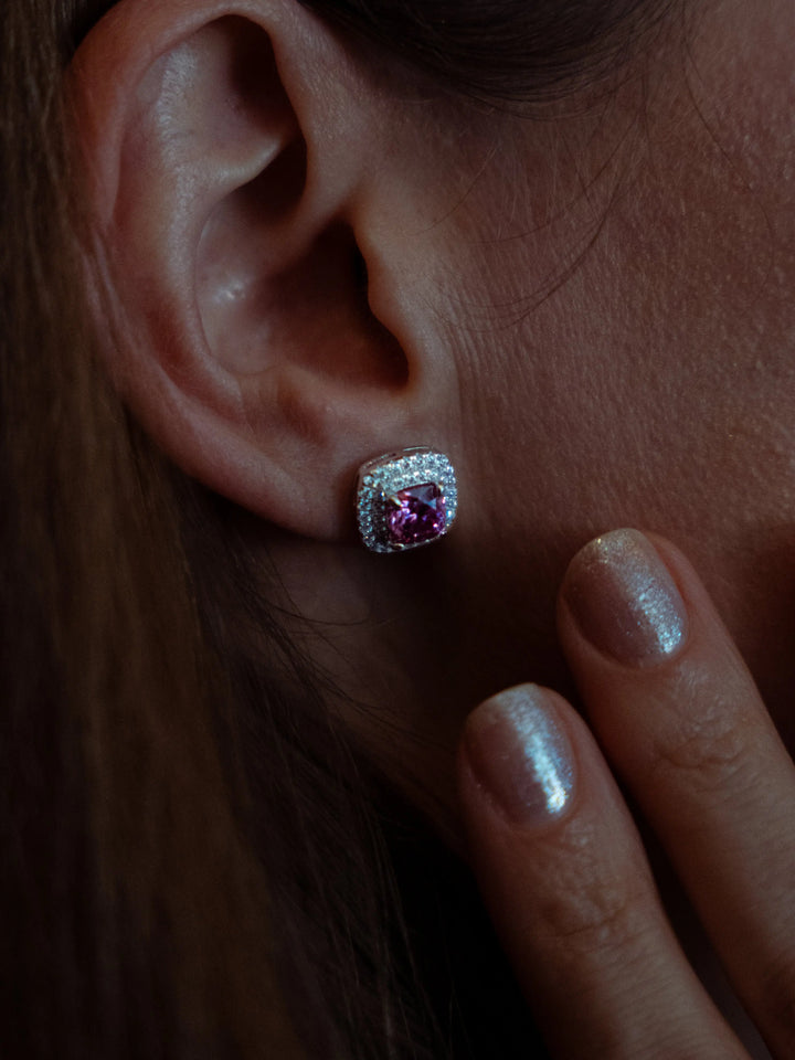 Pink Diamond Inspired & Moissanite Cushion Halo Earrings - Lab Grown Diamonds Store