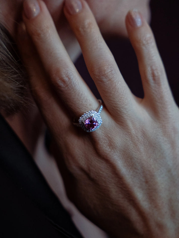 Pink Diamond Inspired & Moissanite Cushion Cut Halo Ring - Lab Grown Diamonds Store