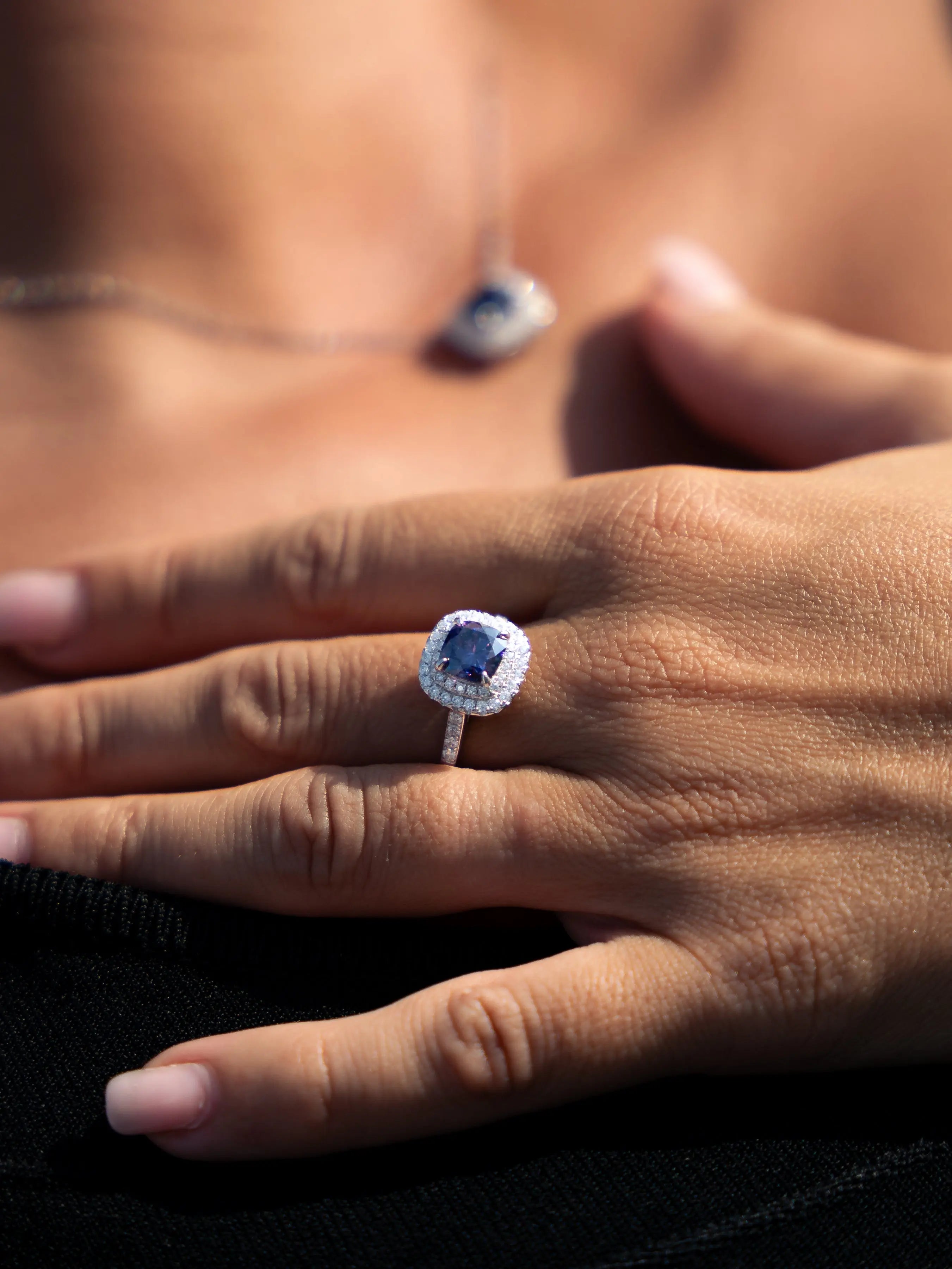 Lab Grown Diamonds Amethyst & Moissanite Cushion Cut Halo Ring - Lab Grown Diamonds Store