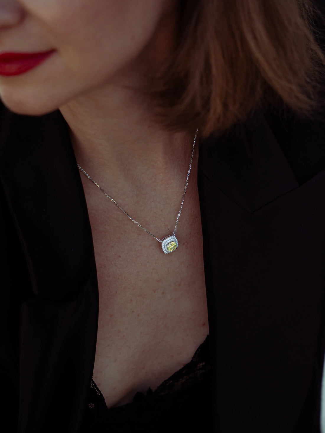 Yellow Sapphire & Moissanite Cushion Halo Pendant - Lab Grown Diamonds Store