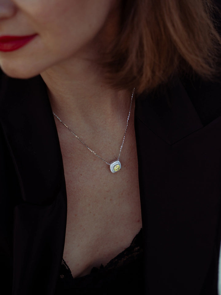 Yellow Sapphire & Moissanite Cushion Halo Pendant - Lab Grown Diamonds Store
