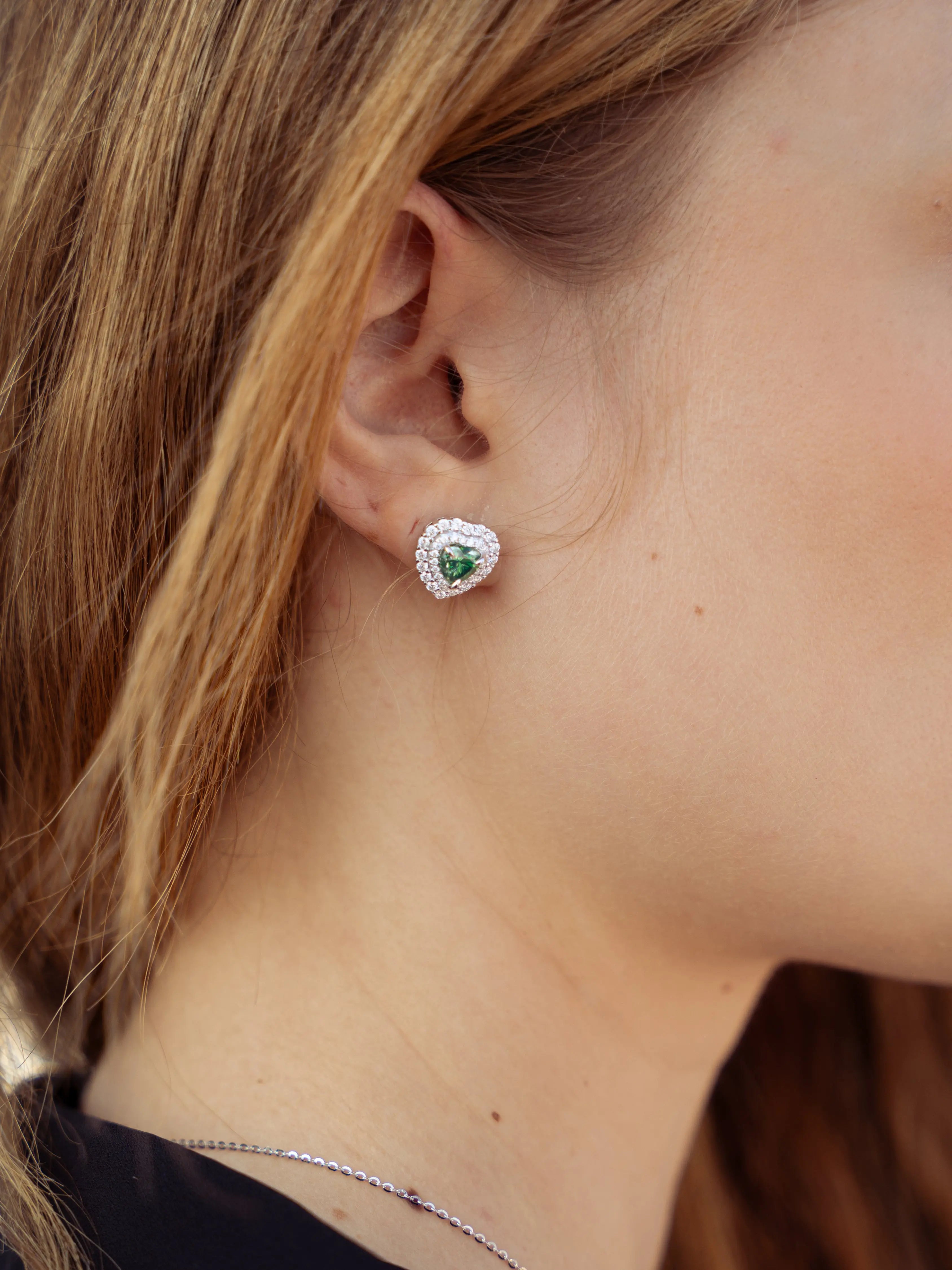 Emerald & Moissanite Heart Halo Earrings - Lab Grown Diamonds Store