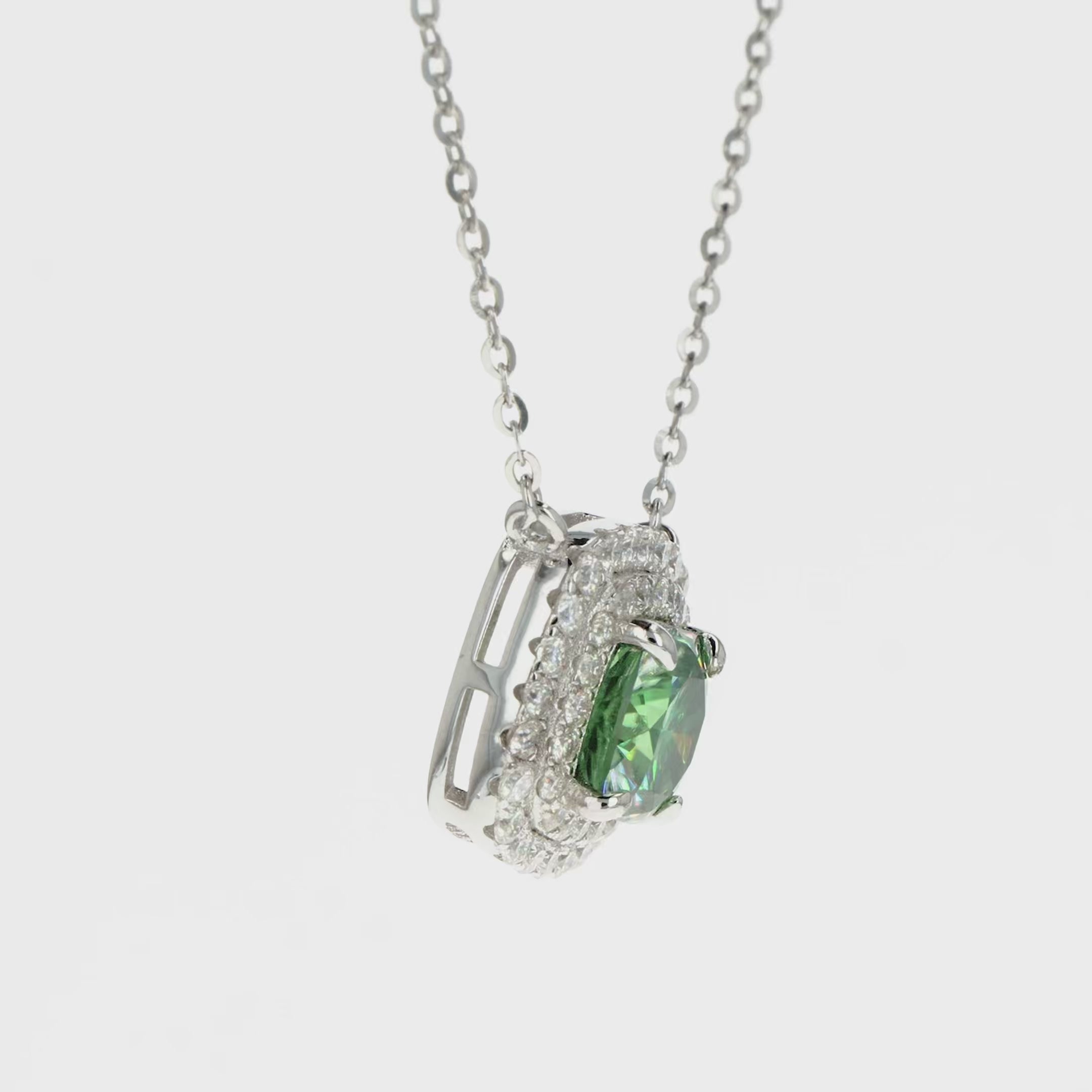 Green Emerald & Moissanite Cushion Halo Pendant