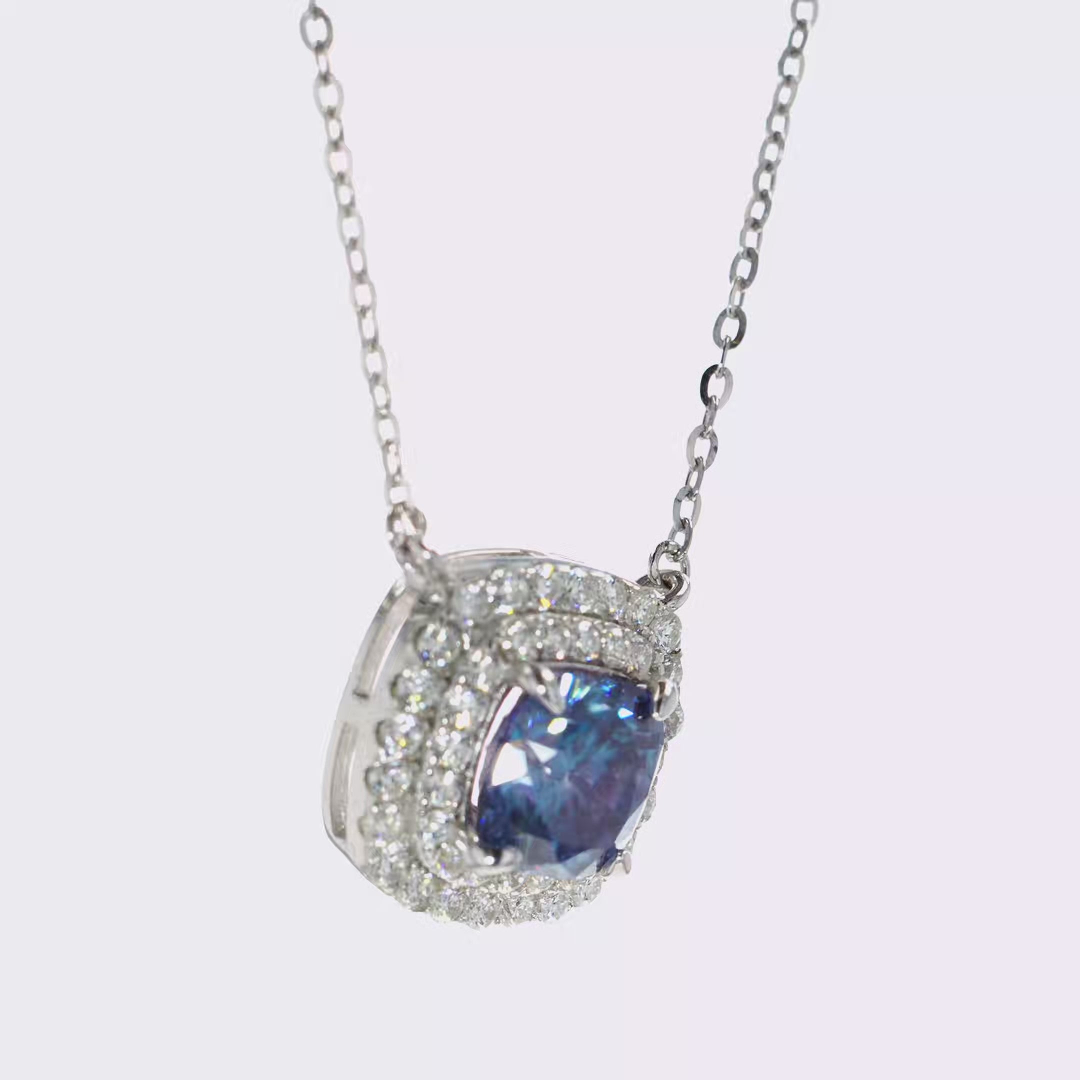 Blue Sapphire & Moissanite Cushion Halo Pendant