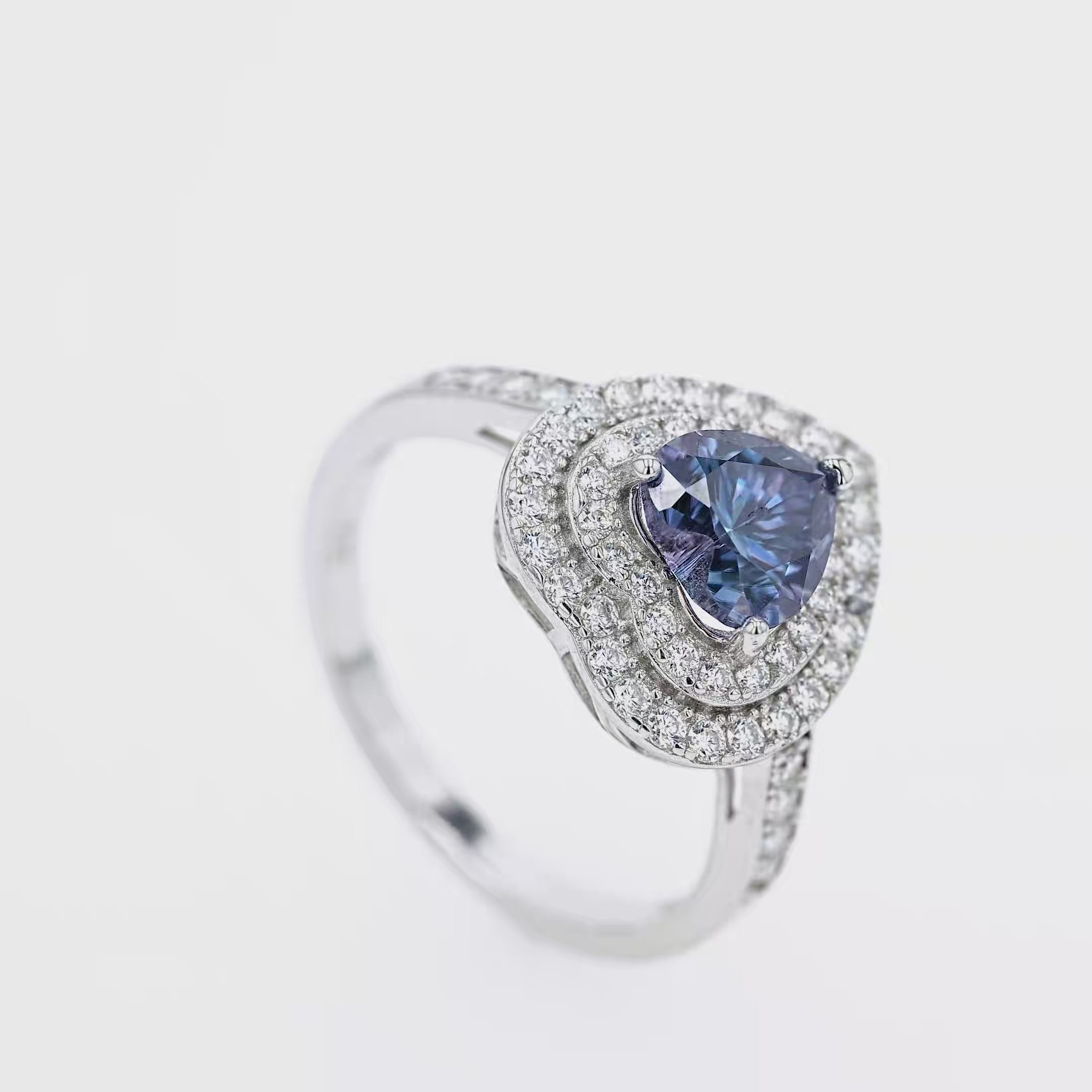 Blue Sapphire & Moissanite Heart Halo Ring